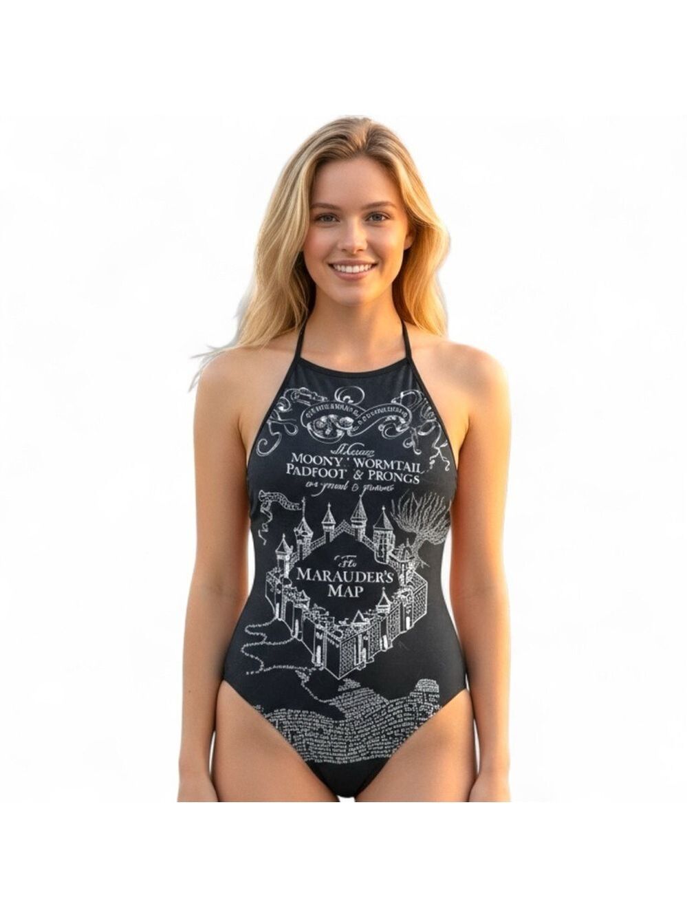 Harry Potter Women’s One Piece Swimsuit Medium Black Marauder’s Map Print